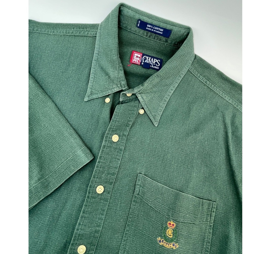 Chaps Button Down Shirt Mens XL Green Short Sleeve Textured Crest Logo VTG